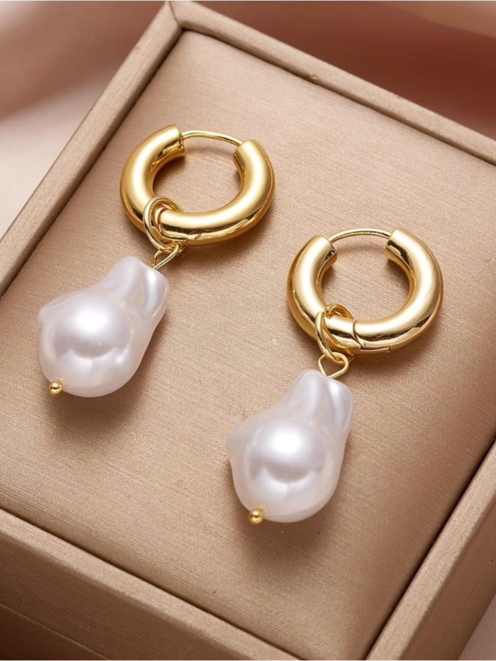 Gold Hoop Earrings with Irregular Pearl Drop Chic Statement Jewelry - Picture 6 of 10